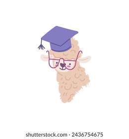 Smart alpaca character in glasses, cap, embodying study and knowledge. Cute brown lama vector illustration isolated on white, ideal for educational designs.