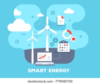 Smart Alternative Energy Concept On Blue Background With Title. Vector Color Illustration Of Laptop, Windmill, Home And Icons. Flat Style Design For Web, Site, Banner, Business Presentation