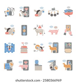 Smart animal farm flat icons set. Vector isolated element. 