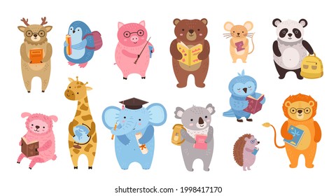 Smart animals. Cute animal teacher, owl study in school. Cartoon education books characters for little kids. Funny pig bear panda exact vector clipart