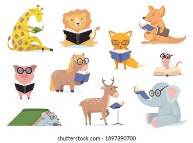 Smart animals in glasses reading books flat set for web design. Cartoon cute elephant, giraffe, lion, fox, pig holding book isolated vector illustration collection. Library and education concept