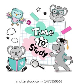 Smart animals koala, hippo and owl and the inscription Time to study on a white background. School concept