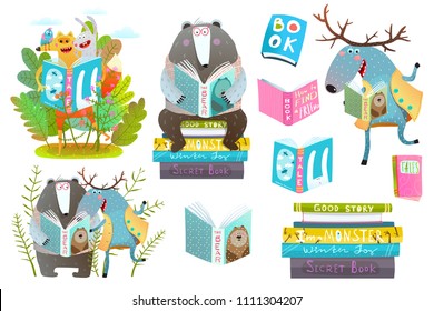 Smart Animals Reading Books Set. Cute forest animals friends with books studying. Vector illustration.