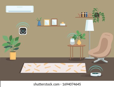Smart apartment flat color vector illustration. Modern home with intelligent technologies. Climate control system. Empty living room 2D cartoon interior with intelligent gadgets on background