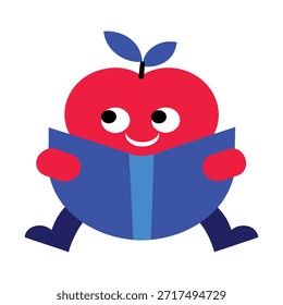 Smart apple character reading a book neon red and blue flat illustration perfect for education themes learning apps and creative mascot designs