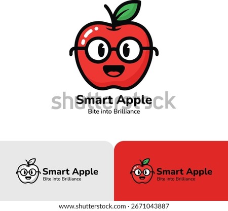 Smart apple logo with cheerful fruit character wearing glasses, creative branding design, bite into brilliance concept, healthy lifestyle inspiration, and innovative food marketing symbol