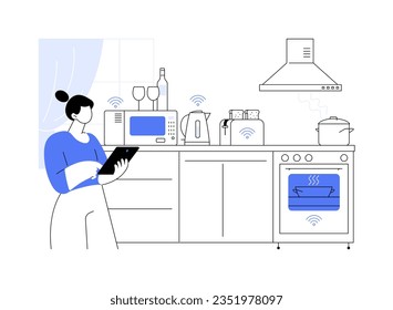 Smart appliances abstract concept vector illustration. Woman checks kitchen appliances with tablet, sustainable energy sources, smart home technology, modern monitoring process abstract metaphor.