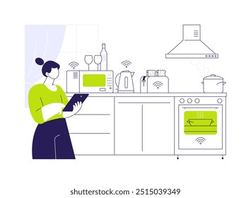 Ilustração de vetor de conceito abstrato de Smart appliances. Mulher verifica aparelhos de cozinha com tablet, fontes de energia sustentáveis, tecnologia de casa inteligente, metáfora abstrata de processo de monitoramento moderno.