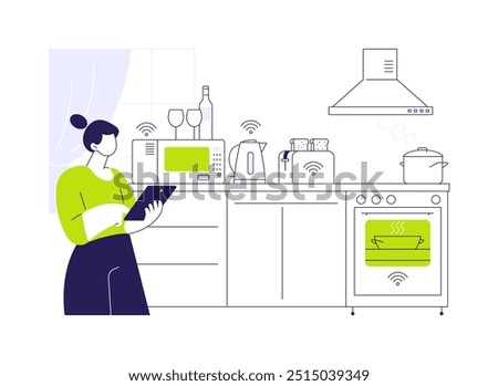 Smart appliances abstract concept vector illustration. Woman checks kitchen appliances with tablet, sustainable energy sources, smart home technology, modern monitoring process abstract metaphor.