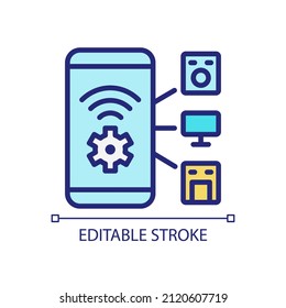 Los dispositivos inteligentes controlan el icono de color RGB perfecto para píxeles. Acceso móvil a la regulación de dispositivos remotos. Ilustración vectorial aislada. Dibujo de línea simple relleno. Trazo editable. Tipo de letra arial utilizado