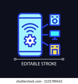 Smart appliances control pixel perfect RGB color icon for dark theme. Mobile access to remote device regulation. Simple filled line drawing on night mode background. Editable stroke. Arial font used