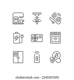 Smart appliances for home pixel perfect linear icons set. Automated devices. Internet of things. Customizable thin line symbols. Isolated vector outline illustrations. Editable stroke