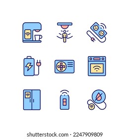 Smart appliances for home pixel perfect RGB color icons set. Automated devices. Internet of things. Isolated vector illustrations. Simple filled line drawings collection. Editable stroke