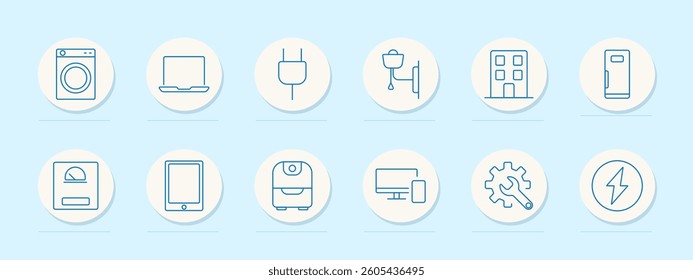 Smart appliances set icon. Washer, laptop, plug, wall lamp, building, fridge, scale, tablet, humidifier, desktop, settings, energy