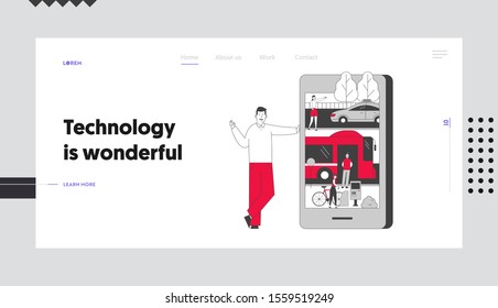 Smart Application For Order City Transport Website Landing Page. Man Stand At Huge Smartphone With Taxi Bus And Rent Bike Service On Screen Web Page Banner. Cartoon Flat Vector Illustration, Line Art