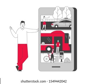 Smart Application for Ordering City Transport Concept. Young Man Stand at Huge Smartphone with Taxi Bus and Rent Bike Transportation on Screen. Mobile App. Cartoon Flat Vector Illustration, Line Art