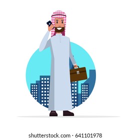 Smart Arabic business man talking on the phone. flat character design. vector illustration