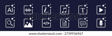 Smart artificial intelligence content creation icon set with chatbot message media document and analytics symbols glowing sparkle style