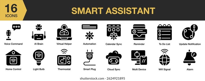 Smart Assistant solid icon set. Includes technology, smart, ai, communication, internet, assistant, and More. Solid icons vector collection.