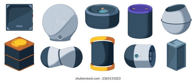 Intelligenter Assistenzsprecher. AI Sprachsteuerungssystem mit drahtlosem Lautsprecher, Cartoon-Flachbildfernsprecher mit Spracherkennungsanwendung. Vektor-einzelne Einheit von Lautsprecheranlage