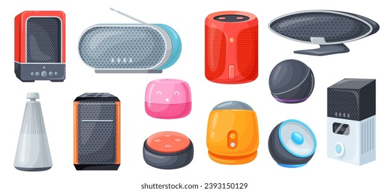 Smart assistant speakers. Home music speaker voice interacting, wireless electronic device digital ai connection audio system loudspeaker, cartoon vector illustration of music speaker assistant