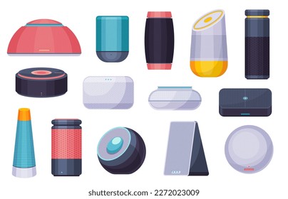 Smart assistant. Wireless home speaker with voice control, interactive electronic device for commands, technology portable gadget. Vector set of voice device technology and speaker illustration