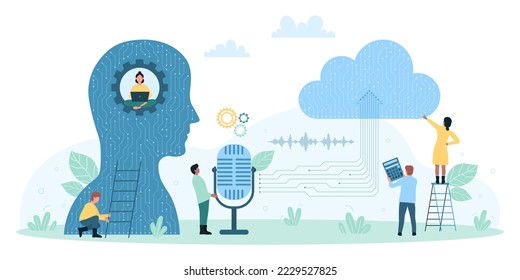 Ilustración vectorial de registro de audio inteligente, aplicación móvil y servicio en la nube. Pequeñas personas de dibujos animados hablando en micrófono, usando tecnología IA, software para grabar sonido, conectarse a servidor para transferir datos