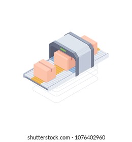 Smart Automated packaging conveyor with boxes isolated on white background. Concept of smart warehouse. Design for landing page of modern logistics center. Vector 3d isometric illustration.