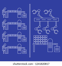 Smart automatic robotic production line. Replacement of people with robotic mechanisms on the conveyor. Development of artificial intelligence.