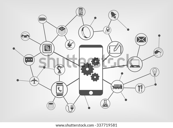 Smart automation and industrial internet of\
things concept vector illustration. Background of icons of\
connected devices