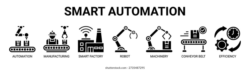 Smart Automation web banner icon vector illustration concept with icon of automation, manufacturing, smart factory, robot, machinery, conveyor belt, and efficiency.