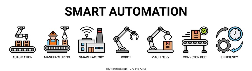 Smart Automation web banner icon vector illustration concept with icon of automation, manufacturing, smart factory, robot, machinery, conveyor belt, and efficiency.