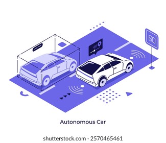 Smart automobile monitoring potential traffic problems on road. Autonomous car concept isometric vector illustration. AI based technology improving driving process cartoon objects composition