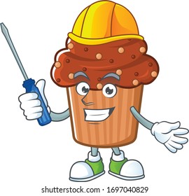 Smart automotive chocolate cupcake presented in mascot design style