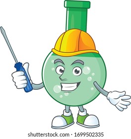 Smart automotive green chemical bottle presented in mascot design style