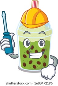 Smart automotive matcha bubble tea presented in cartoon character design
