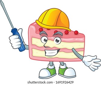 Smart automotive strawberry slice cake presented in mascot design style