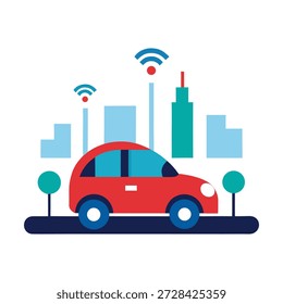 Coche autónomo inteligente que conduce a lo largo de la carretera urbana con sistemas de tráfico inteligentes