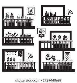 Elegante jardín con balcón con riego conectado y varias plantas como hierbas, verduras y flores, representadas en una Ilustración vectorial en blanco y negro.
