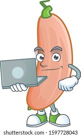 Smart banana squash cartoon character working with laptop