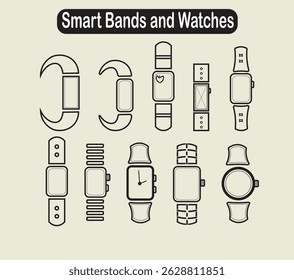 Smart Band and Smart Watch or Smart Wearable Device  Icons Vector Illustration  