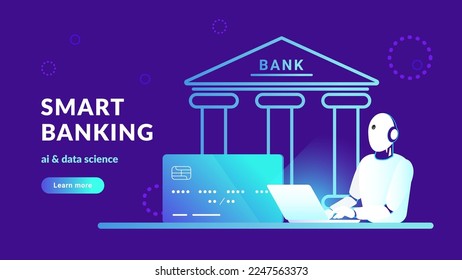 Smart banking with artificial intelligence. Gradient vector illustration of ai robot sitting alone working on laptop with credit card and bank icon behind. AI data science and machine learning