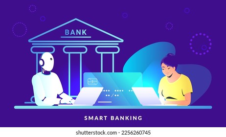 Smart banking with artificial intelligence. Gradient vector illustration of ai robot sitting with feamale bank client and credit card and bank icon behind. AI data science and machine learning