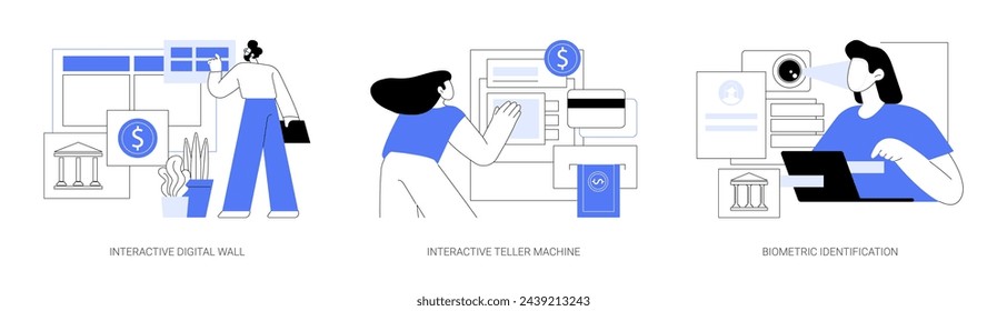 Smart banking isolated cartoon vector illustrations set. Interactive digital wall in brick and mortar bank, 24 hour teller machine, video banking service, biometric identification vector cartoon.