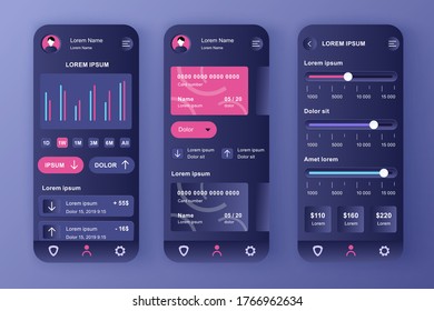 Smart banking unique design kit. Financial app for credit card balance, analytics and payment limits settings. Online bank account UI, UX template set. GUI for responsive mobile application