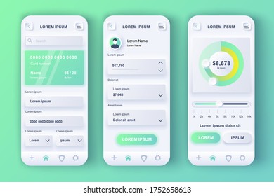 Smart banking unique neumorphic design kit. Personal finance app for money flow analytics, online payment and investing. Financial management UI, UX template set. GUI for responsive mobile application