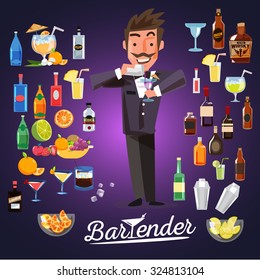 smart bartender mixing cocktail with alcoholic cocktail set. character design - vector illustration