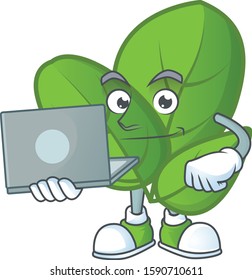Smart basil cartoon character working with laptop