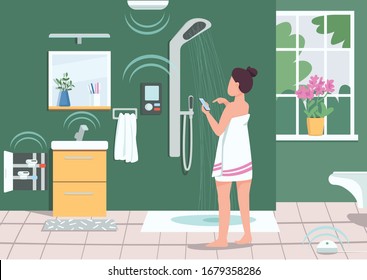 Smart Bathroom Appliances Flat Color Vector Illustration. Girl Controlling Shower With Smartphone. IOT In Domestic Life. Woman Using Mobile Phone 2D Cartoon Character With Bathroom On Background