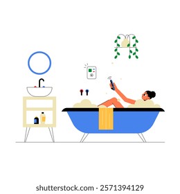 Smart Bathroom With Woman Relaxing In Bathtub In Flat Vector Illustration Symbolizing Modern Technology, Relaxation, And Self Care, Isolated On White Background.